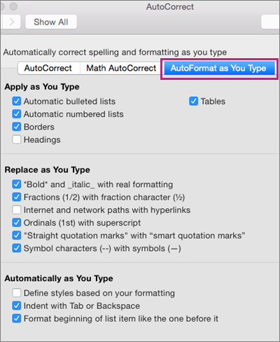 In Preferences, Autoformat as You Type is highlighted