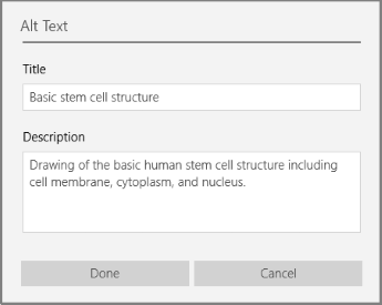 Alt text dialog for adding alt text in OneNote for Windows 10.