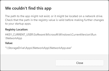 Shows an error message that the app couldn't be found and provides the registry location.