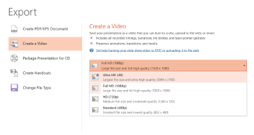 Screenshot of the Export dialog box showing the options available when creating a video based on a presentation