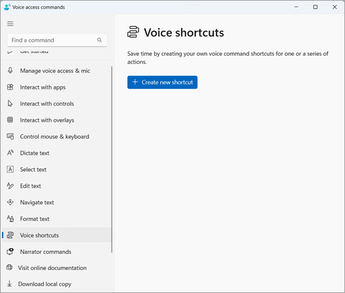 Voice shortcuts page with the Create new shortcut button.
