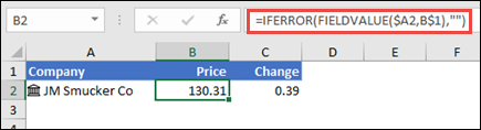 Retrieve a company stock price, and ignore errors with =IFERROR(FIELDVALUE($A2,B$1),"")