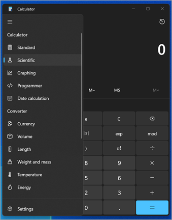 The Navigation menu in the Calculator app in Windows.