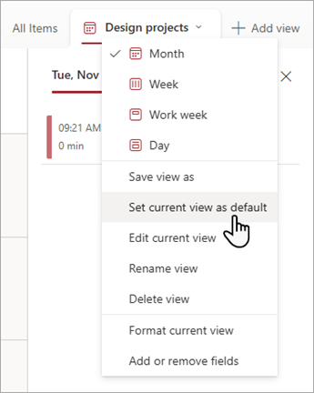 Screenshot showing how to choose the Set current view as default command in Lists.