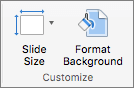 Screenshot shows the Customize group with the options for Slide Size and Format Background.