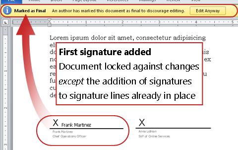 Document with first signature added, thus locked from changes