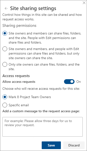 Screenshot of site sharing settings panel.
