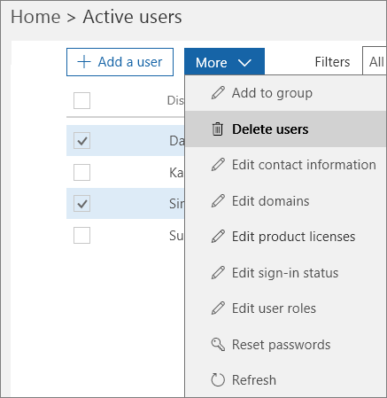 Delete multiple user accounts from the Office 365 Admin Center.