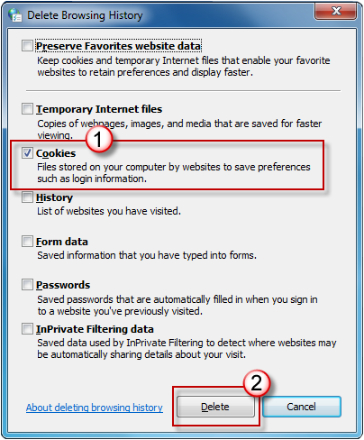 In the Delete Browsing History dialog box, click to clear all of the check boxes except for the Cookies check box, and then click Delete.
