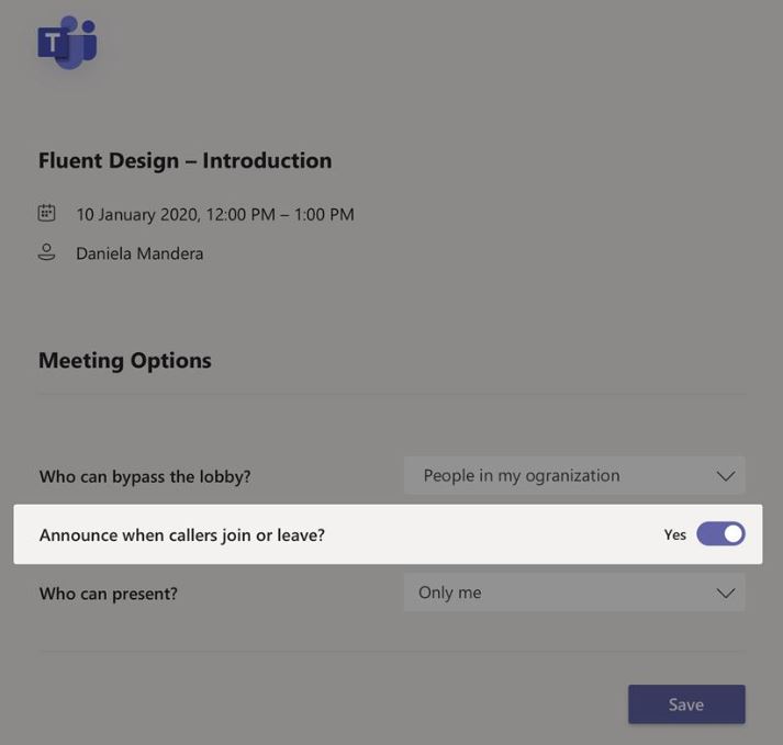 Screenshot of meeting option settings in Teams.