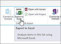 SharePoint Export to Excel button on ribbon highlighted