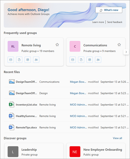 Frequently used groups and recent files can be accessed from the Groups experience in Outlook.