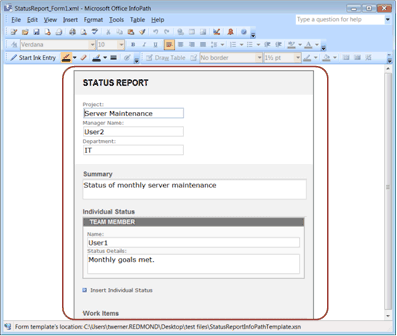Sample status report form in Office InfoPath 2007