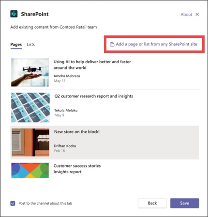 Add a page or list form any SharePoint site link in the Teams tab