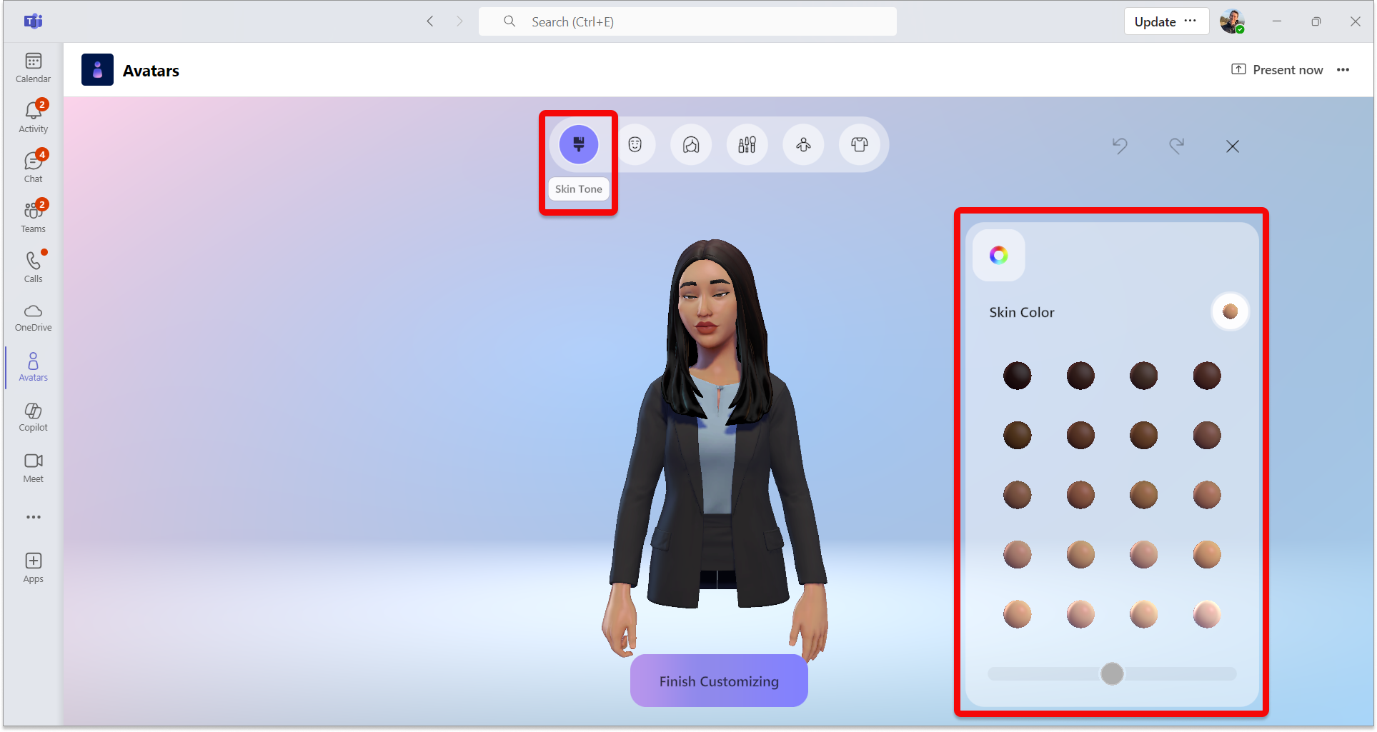 Screenshot of the avatars app showing the skin tone category selected and the skin tone adjustment window highlighted.