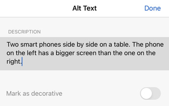 The Alt Text dialog box in Word for iOS.