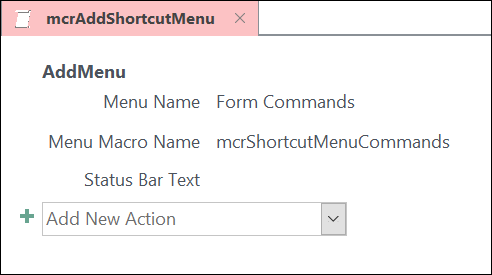 Screenshot of a Access macro object with an AddMenu macro action.
