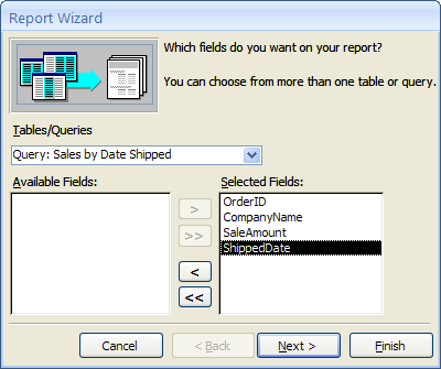 Field selection in report wizard