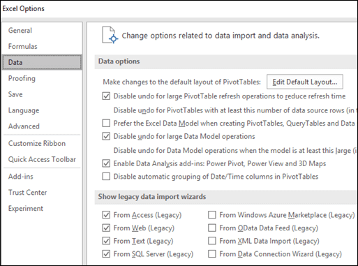Data options have been moved from File > Options > Advanced section to a new tab called Data under File > Options.