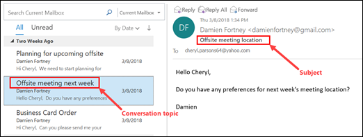 Outlook groups messages by conversation topic in the message list.
