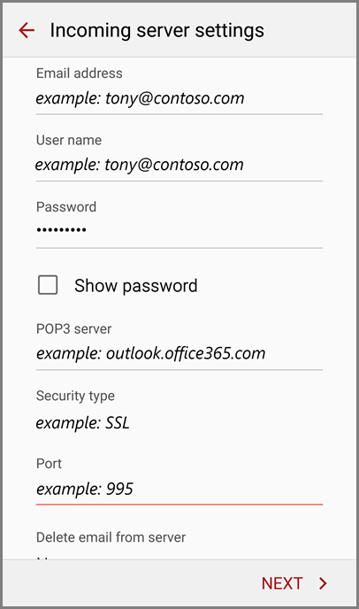 s7 email app says checking incoming server settings hotmail