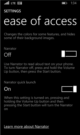 Windows phone  narrator settings