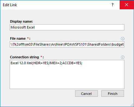 Edit Link dialog box for an Excel data source