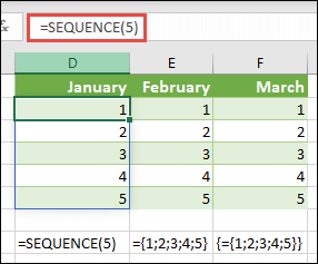 Create a vertical array constant with =SEQUENCE(5), or ={1;2;3;4;5}