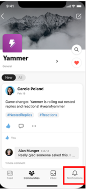 Screenshot showing the Yammer notifications icon on the mobile app