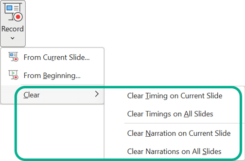 The Clear commands on the Record Slide Show menu button in PowerPoint.