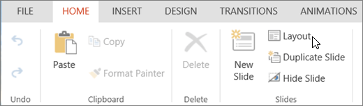 Screenshot shows the Home tab with the cursor pointing to the Layout option in the Slides group.