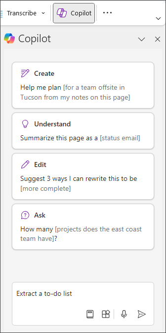 Type Extract To Do List in the Copilot pane in OneNote