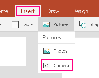 Shows the Insert Picture from Camera option in Office Mobile for Windows 10