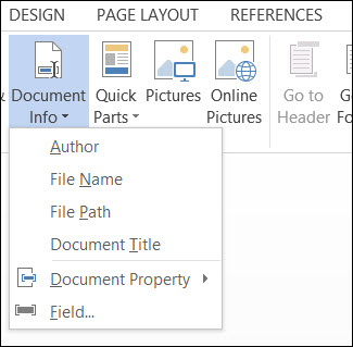 Document Info Menu for Headers and Footers