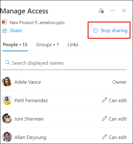 Screenshot of the manage access dialog box with stop sharing highlighted.