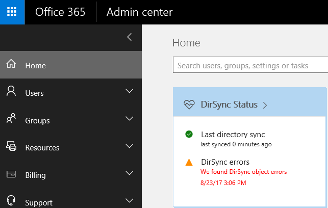 A screenshot of DirSync Status that shows error