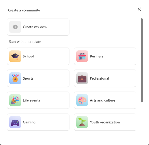 Screenshot of the buttons to create a community with or without a template in Communities in Microsoft Teams (free).
