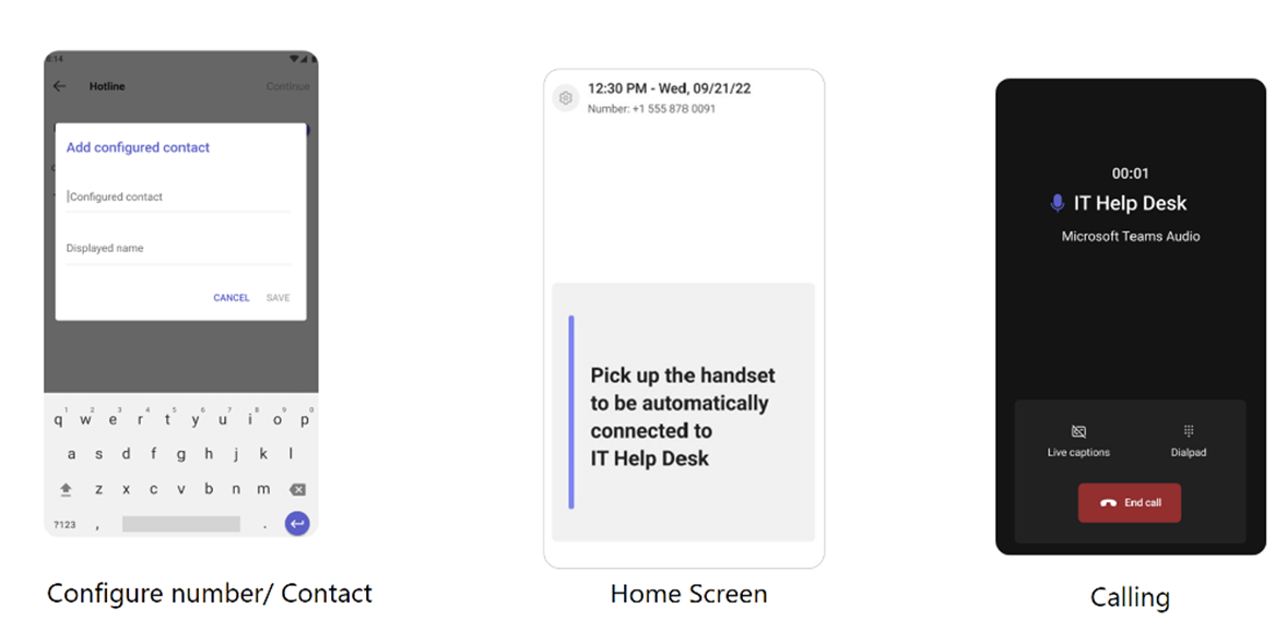 Three images that show the steps of setting up a phone to autodial a set number. First image shows a field to add a number to automatically call when you pick up the phone handset, then an image that says to pick up the handset to automatically connect to IT Help Desk, then an image that shows you connected to an active call with IT help desk