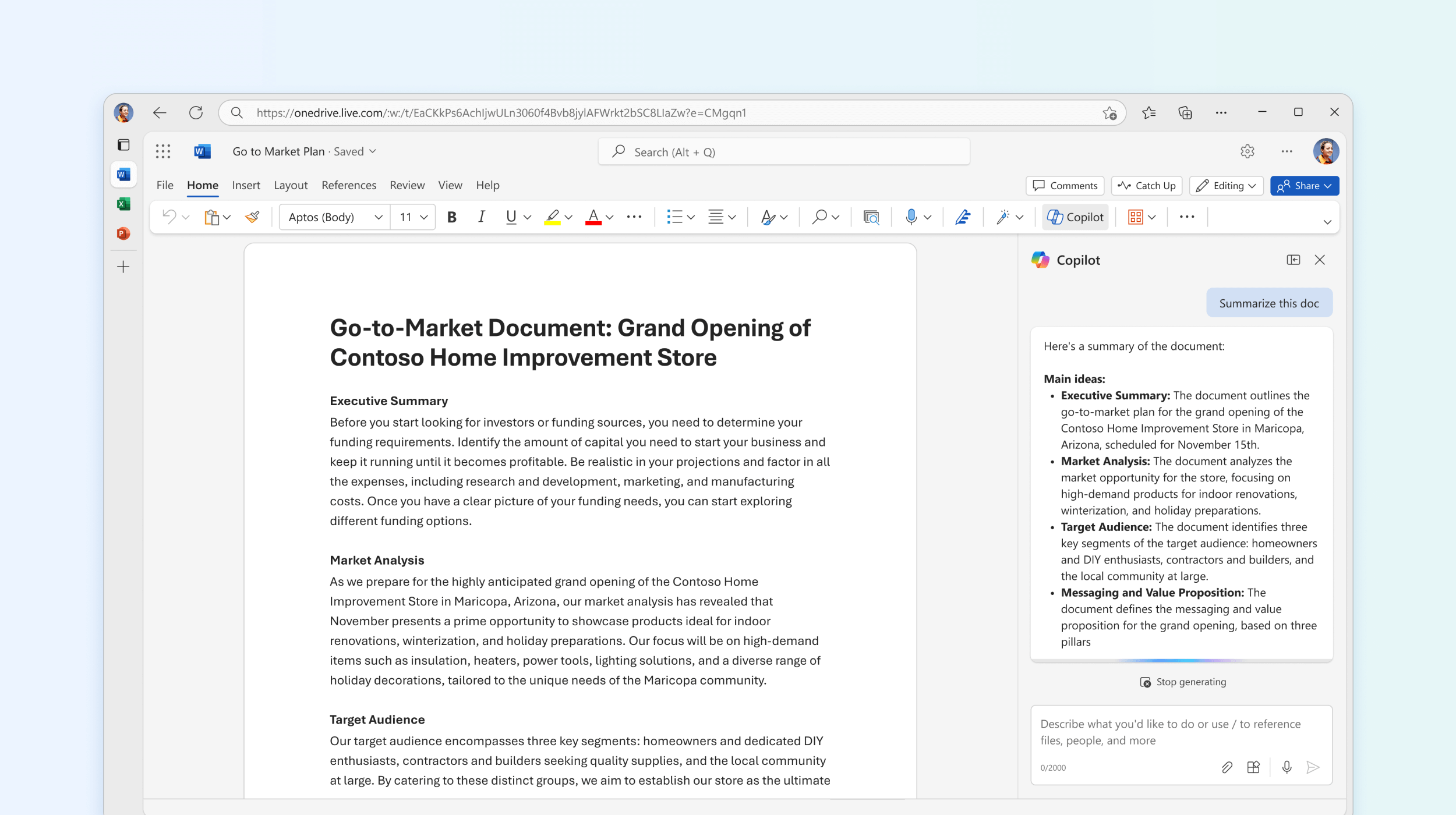Screenshot shows Copilot in Word summarizing the document.