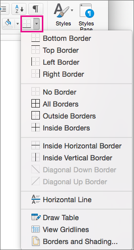 On the Home tab, click Borders to add or change borders on selected text.