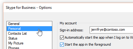 The Options window in Skype for Business with the Personal tab selected.
