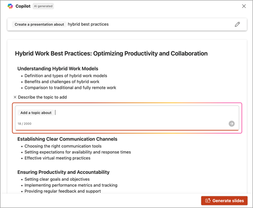 Screenshot of the location to enter the description for the topic that was added when using PowerPoint Copilot.