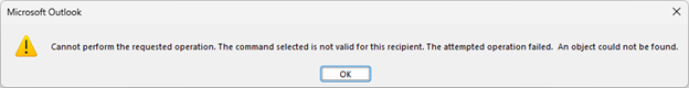 Error message box for Microsoft Outlook with above text.