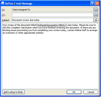 Define E-mail Message dialog box with message content