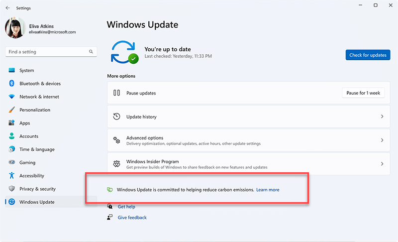 Message shown in Windows Update when prioritizing installing updates in the background when doing so might result in lower carbon emissions because a higher proportion of electricity is coming from lower-carbon sources on the electric grid. 