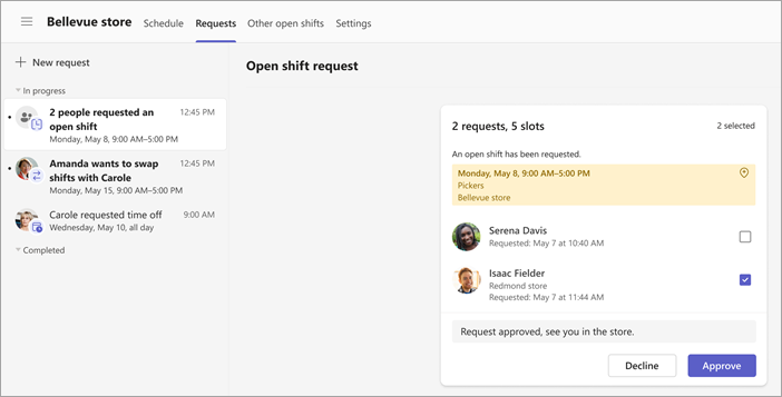 Screenshot showing how to view and approve an open shift request.