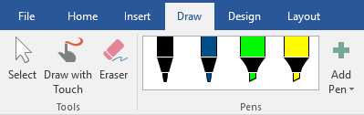 Pens and highlighters on the Draw tab in Office 2019