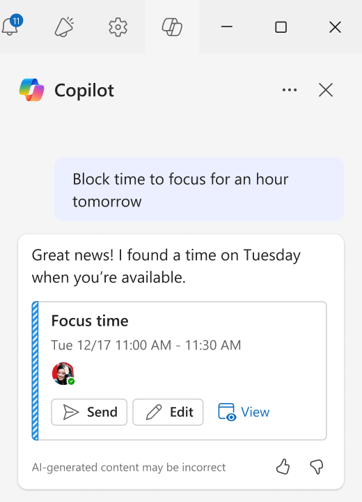 Screenshot of how to use Focus Blocks with Chat Assisted Scheduling in Outlook.