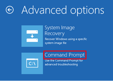 A screenshot of Advanced options with Command Prompt highlighted.