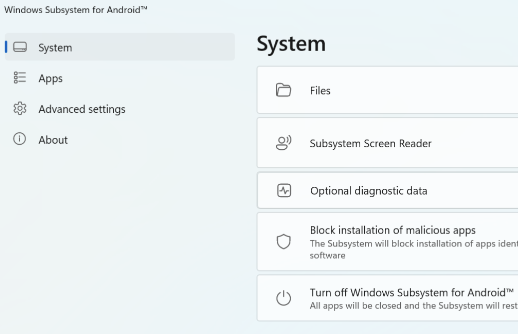 Shows the main page for Windows Subsystem for Android (TM).